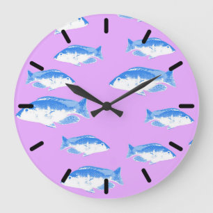 Grande Horloge Ronde Poisson bleu sur lilas