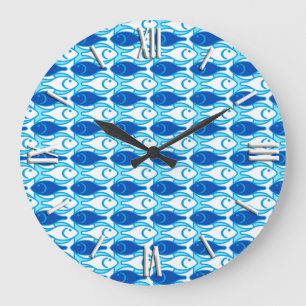 Grande Horloge Ronde Poisson Modernisme du milieu du siècle, bleu de co