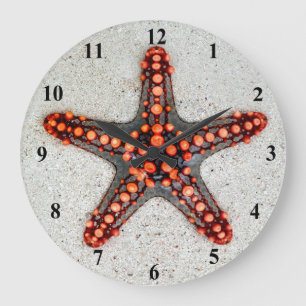 Grande Horloge Ronde Poisson rouge orange vif sur sable blanc