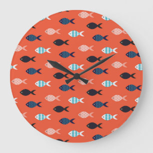 Grande Horloge Ronde Poisson vintage, motif rouge corail.