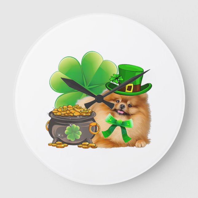 Grande Horloge Ronde Poméranian Dog Shamrock St Patrick Day Dog Irish (Recto)