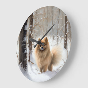 Grande Horloge Ronde Poméranienne Laisser Neige Noël