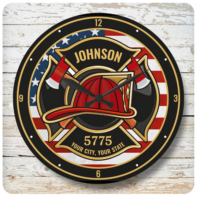Grande Horloge Ronde Pompier Secourt incendie Département USA Drapeau p (Créateur téléchargé)