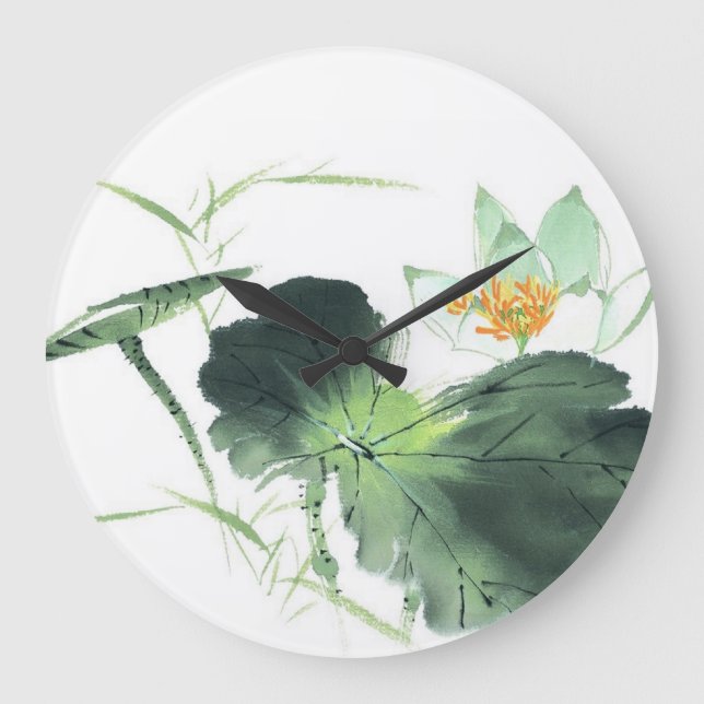 Grande Horloge Ronde POND LOTUS PAIX l Peinture chinoise pinceau art (Recto)