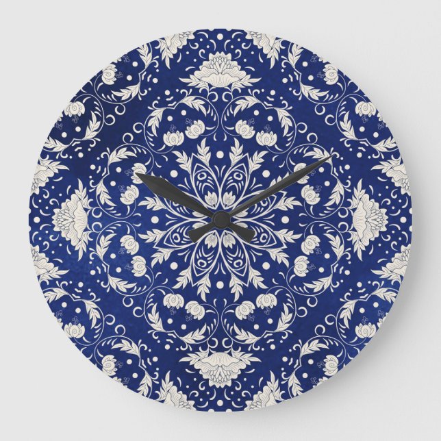 Grande Horloge Ronde Porcelaine chinoise : Aquarelle bleue Florale (Recto)