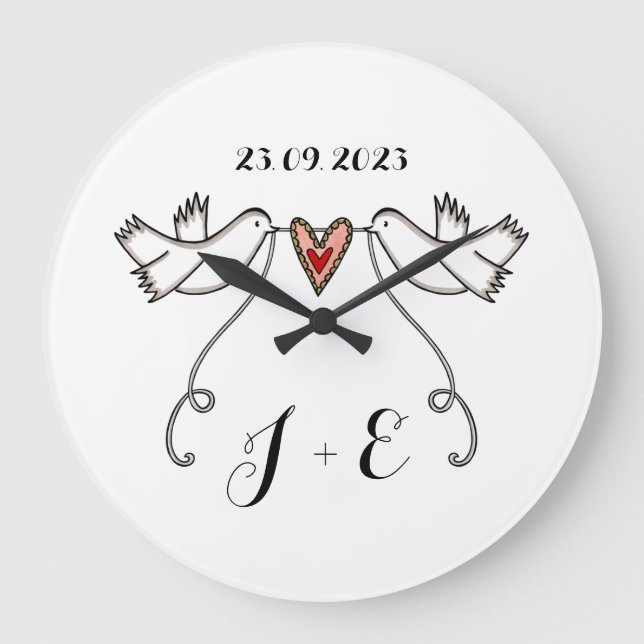 Grande Horloge Ronde Porte-cadeau Mariage Doves blanches personnalisées (Recto)