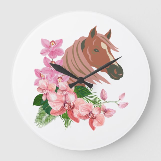 Grande Horloge Ronde Portrait de cheval avec fleurs d'orchidées (Recto)