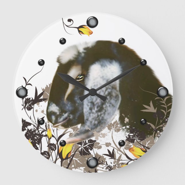 Grande Horloge Ronde Portrait de chèvre nubienne peinture florale horlo (Recto)