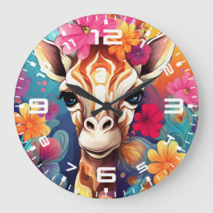 Grande Horloge Ronde Portrait de Giraffe Florale-9320