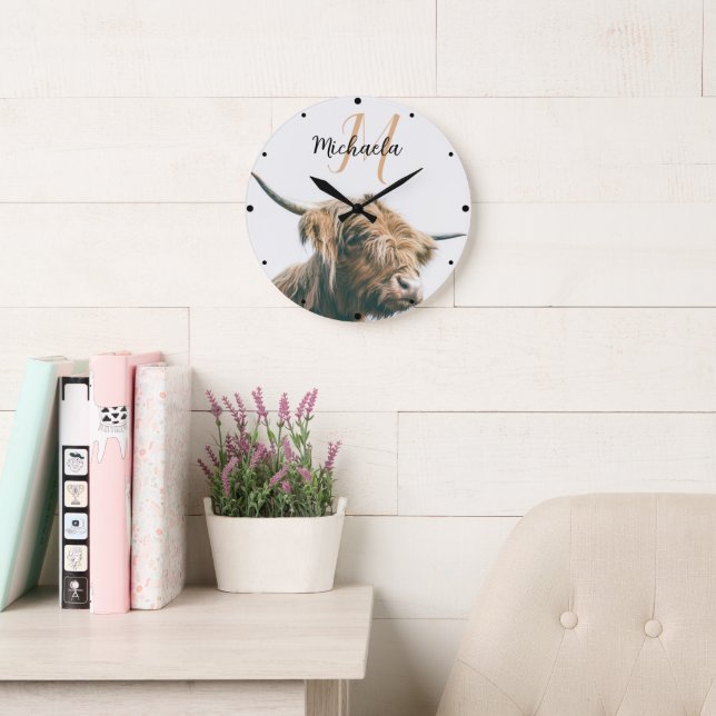 Grande Horloge Ronde Portrait de vache Highland nom personnalisé monogr (Salle de lecture)