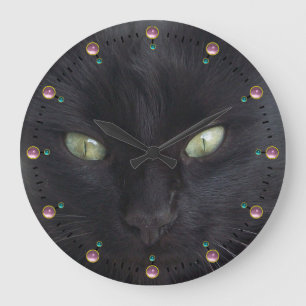 Grande Horloge Ronde PORTRAIT EN CHAT NOIR AUX YEUX ÉMERAUDES, Pierre r