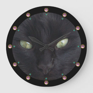 Grande Horloge Ronde PORTRAIT NOIR CAT WITH EMERALD EYES, Pink Gemstone