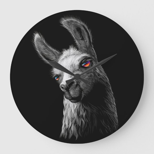 Grande Horloge Ronde Portrait Tête Cute Llama Sur Black Arrière - plan  (Recto)