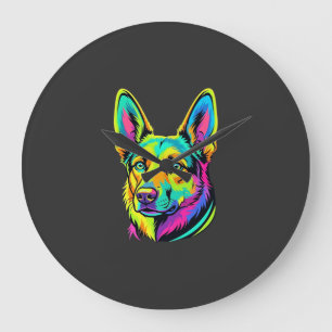 Grande Horloge Ronde Portrait vectoriel coloré de chien néon