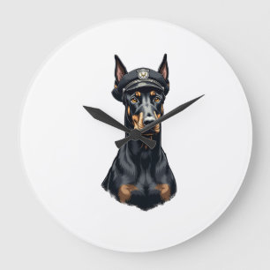 Grande Horloge Ronde Portrait vintage de Doberman de la police en noir