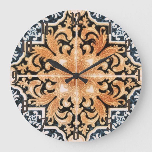 Grande Horloge Ronde Portugese Tile Acrylic Wall Clock in Neutrals (Recto)