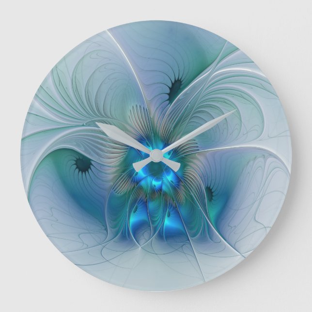 Grande Horloge Ronde Position, Abstrait bleu turquoise fractal (Recto)