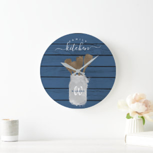 Grande Horloge Ronde Pot de cuillère en bois bleu rustique décoration d