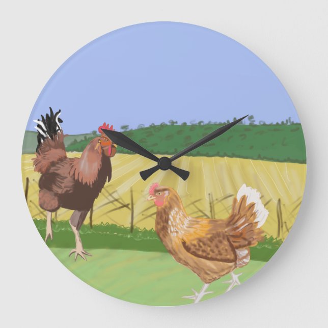 Grande Horloge Ronde Poule brune et coq à la campagne (Recto)
