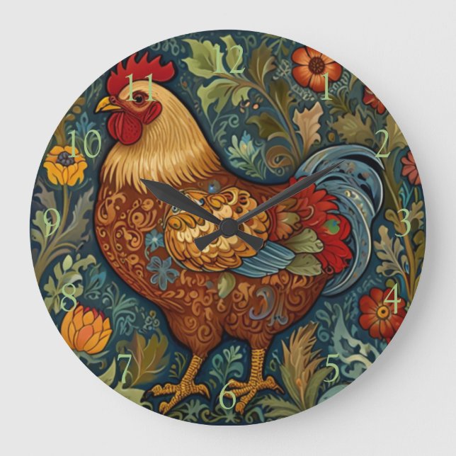 Grande Horloge Ronde Poule de campagne chic boho rétro (Recto)