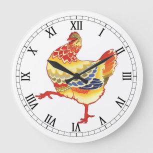 Grande Horloge Ronde Poulet coloré de la ferme de style vintage