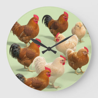 Grande Horloge Ronde Poulet sur fond vert clair