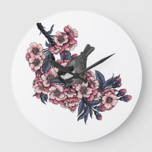 Grande Horloge Ronde Poulet sur une branche de cerise en fleurs