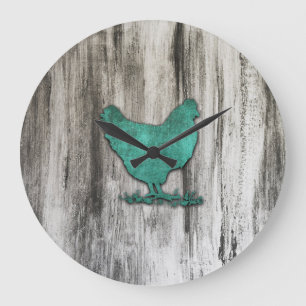 Grande Horloge Ronde Poulets rustiques (bleu)