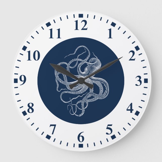 Grande Horloge Ronde poulpe blanche sur bleu foncé (Recto)