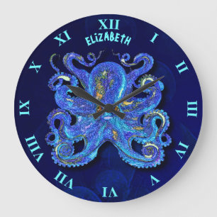 Grande Horloge Ronde Poulpe bleu coloré psychédélique avec les yeux