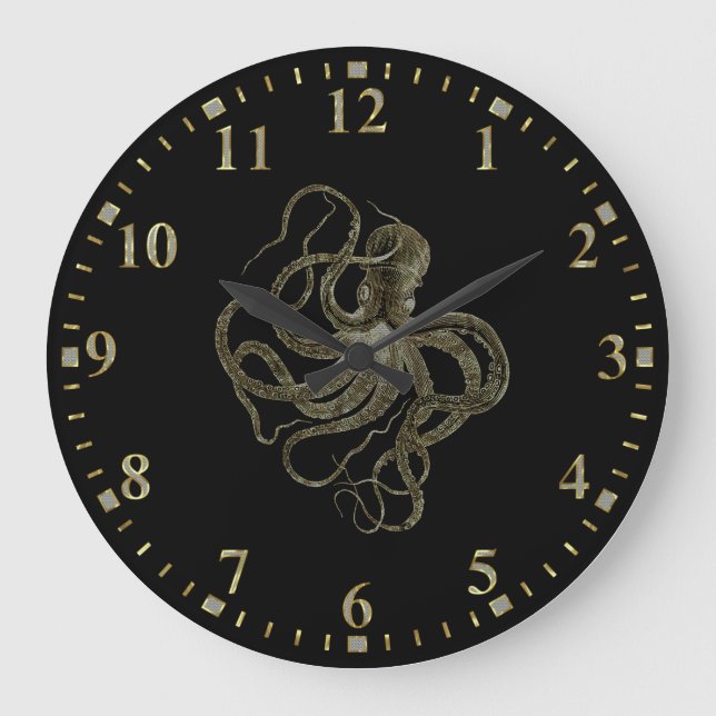Grande Horloge Ronde poulpe d'or en noir (Recto)