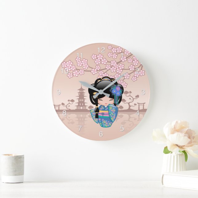 Grande Horloge Ronde Poupée Keiko Kokeshi - Blue Kimono Geisha Girl (Maison)