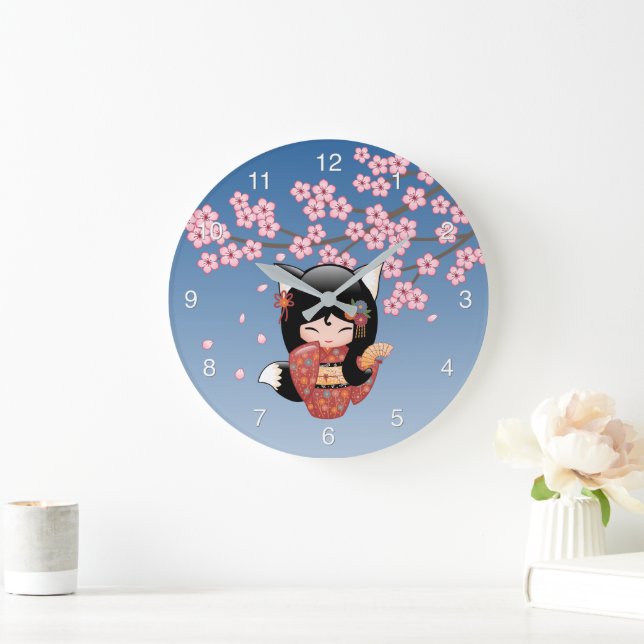 Grande Horloge Ronde Poupée Kitsune Kokeshi - Black Fox Geisha Girl (Maison)
