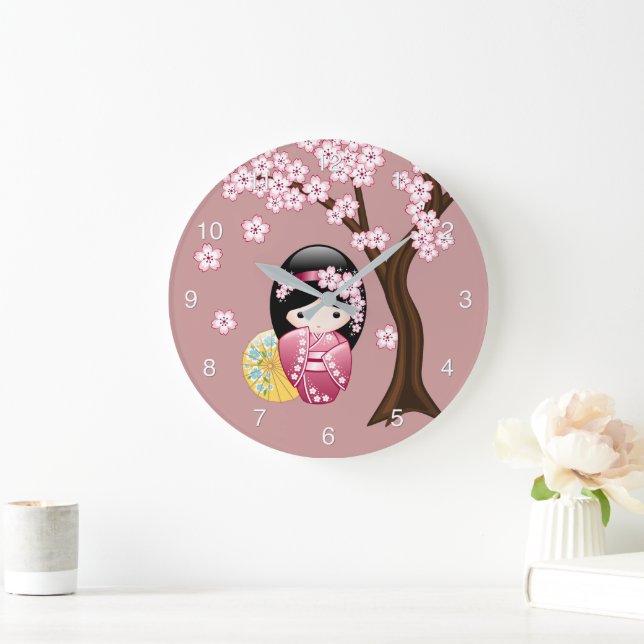 Grande Horloge Ronde Poupée Kokeshi Printemps - Cute Geisha Japonais en (Maison)