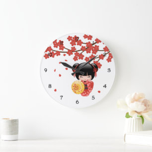 Grande Horloge Ronde Poupée Kokeshi Sakura Rouge - Geisha Japonaise