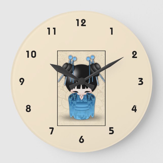 Grande Horloge Ronde Poupée mignonne de Kokeshi de Japonais habillée (Recto)