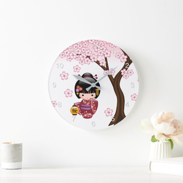 Grande Horloge Ronde Poupée Sakura Kokeshi - jolie fille japonaise Geis (Maison)