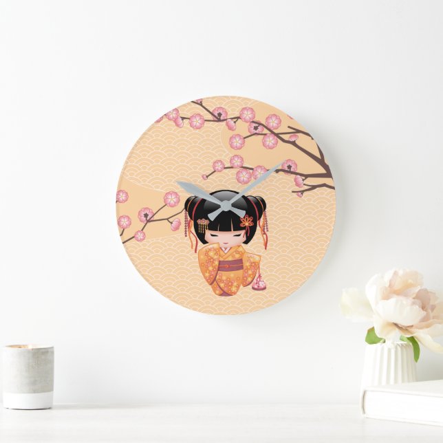 Grande Horloge Ronde Poupée Ume Kokeshi - Japonaise Pêche Geisha Girl (Maison)