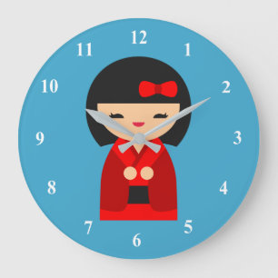 Grande Horloge Ronde Poupées japonaises Red Kokeshi