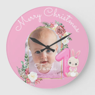 Grande Horloge Ronde Premier Noël Bébé Fille Rose Photo floral