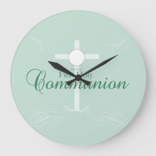 Grande Horloge Ronde Première Communion sainte, Script en vert tendre