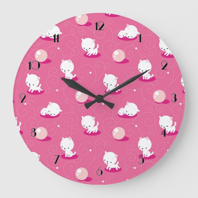 Grande Horloge Ronde Pretty Kitty Pink Kitten Pattern Wall Clock (Recto)