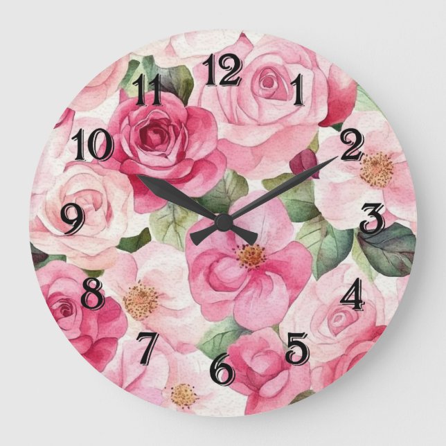 Grande Horloge Ronde Pretty Pink Roses Floral (Recto)