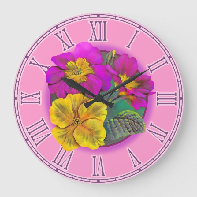 Grande Horloge Ronde Primula purple & yellow fine botanical wall clock (Recto)