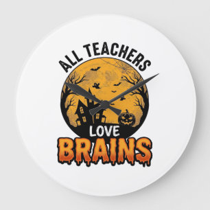 Grande Horloge Ronde Professeur Halloween Amour Cerveaux Design Vintage