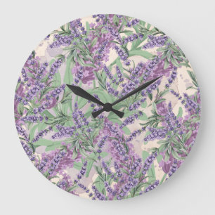 Grande Horloge Ronde Profusion de Lavande Poussiéreuse Florale Rustique