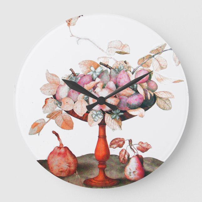 GRANDE HORLOGE RONDE PRUNES DE FRUITS DE SAISON, PEARS, FEUILLES EN BOU (Recto)
