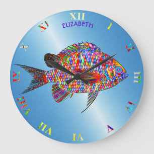 Grande Horloge Ronde Psychédélic Colorful Exotic Abstract Fish Drawing