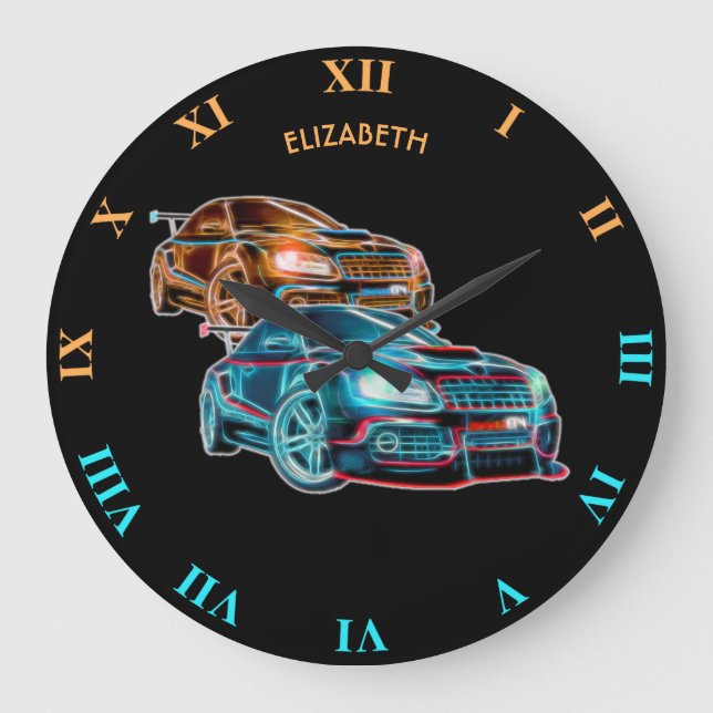 Grande Horloge Ronde Psychedelic Futuristic Sport Cars Glowing Neon (Recto)