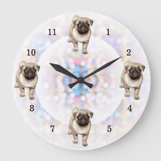 Grande Horloge Ronde Pug Puppy Bright Lights Background (Recto)